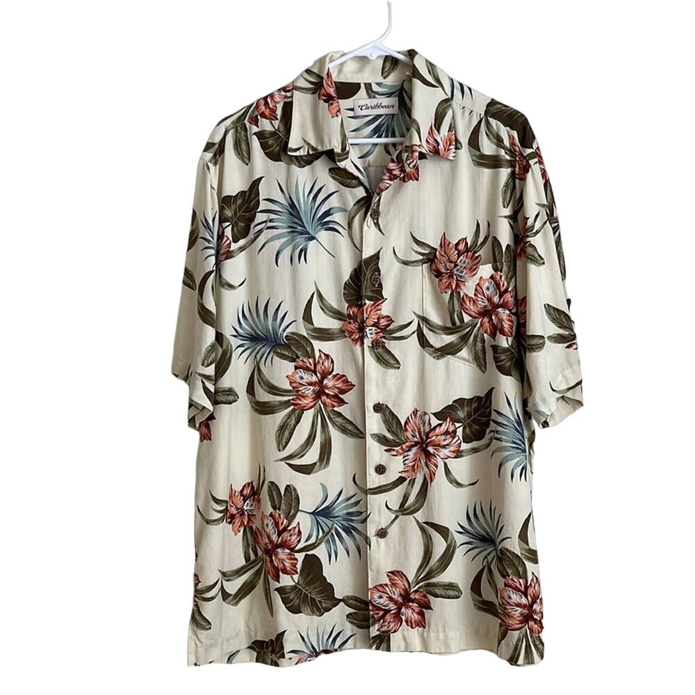 Caribbean Tropical Print Shirt, Silk/Cotton Blend - Size L